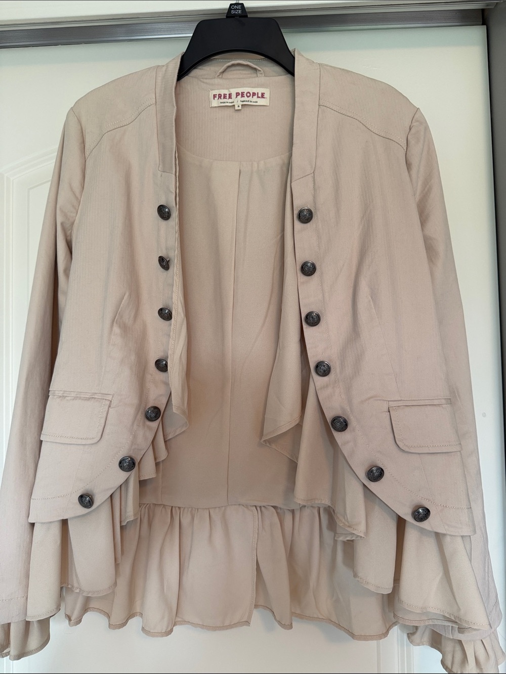 Free People Beige Ruffle Military-Style Jacket